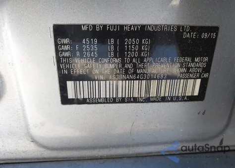 2016 Subaru Legacy 2.5I Limited from USA, damaged, VIN 4S3BNAN64G3014683